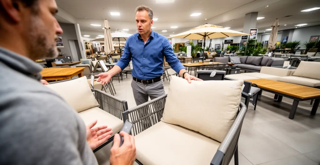 Client examinant la structure d'un fauteuil de jardin avec conseiller
