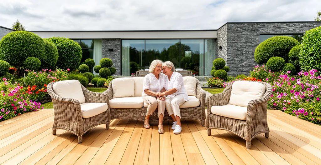Couple profitant d'un salon de jardin premium sur terrasse ensoleillée